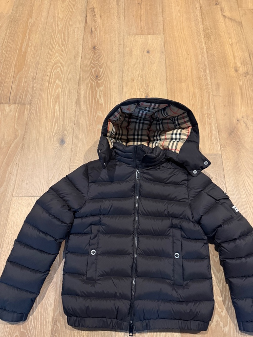 Burberry Kids Black Puffer Jacket with Signature Check Hood